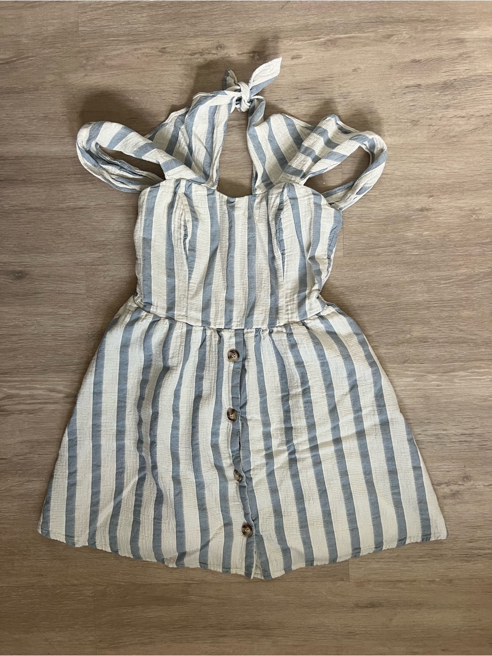 Blue and White Striped Button Midi Dress halter cold shoulder XS